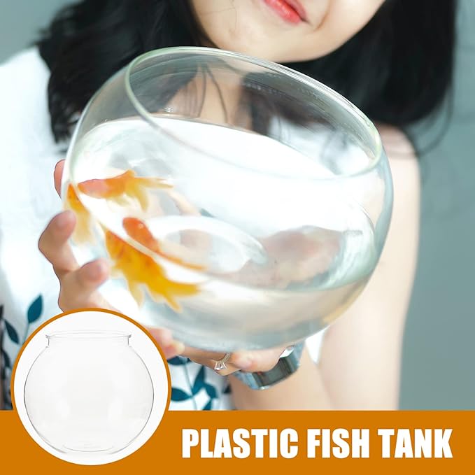 POPETPOP Plastic Fish Bowl Small Fish Tank: Transparent Small Aquarium Fish Bowls for Centerpieces Round Plastic Fish Bowl for Betta Fish Candy Party Favors, 7.07X7.07X6.29in POPETPOP