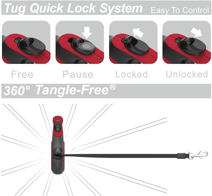 TUG Tiny 360° Tangle-Free Retractable Dog Leash with Anti-Slip Handle | 10 ft Nylon Tape | One-Handed Brake, Pause, Lock (Red) TUG