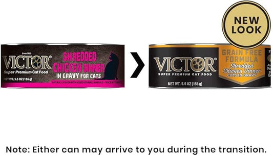 Victor Super Premium Cat Food – Grain Free Shredded Chicken Dinner Cuts in Gravy – Grain Free Canned Wet Food for Indoor and Outdoor Cats - All Breed Sizes, 24 x 5.5 oz Cans - PAWPICO