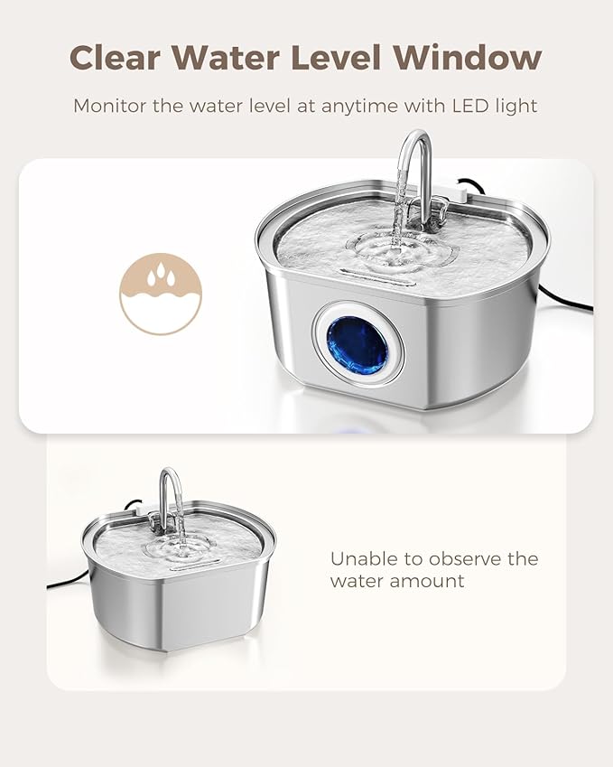 Cat Water Fountain Stainless Steel: 108oz/3.2L Cat Fountain for Drinking- Pet Water Fountain for Cats Inside - Automatic Cat Water Dispenser Bowl - Cat Feeding & Watering Supplies - Water Level Window - PAWPICO