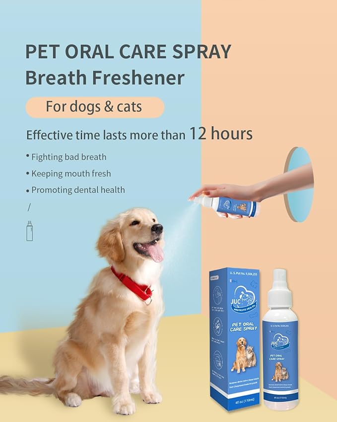 JUC Dog Breath Freshener for Dogs & Cats Teeth Cleaning Spray Dog Bad Breath Pet Oral Care Spray 4fl.oz JUCoralhealthexpertwithnumerouspatentsandtopcertificationsinvitesyoutoexploreouroralfreshnesssprayBrowseNow