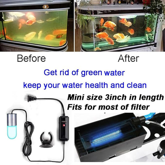 Mini 3W Timer Aquarium &UV-C Water Clean Light Aquarium Algae Clean Light Water Green Clean Fish Tank Water Clean Lamp for Sump Pond Filter Tank JackSuperAquariumPetsFocus