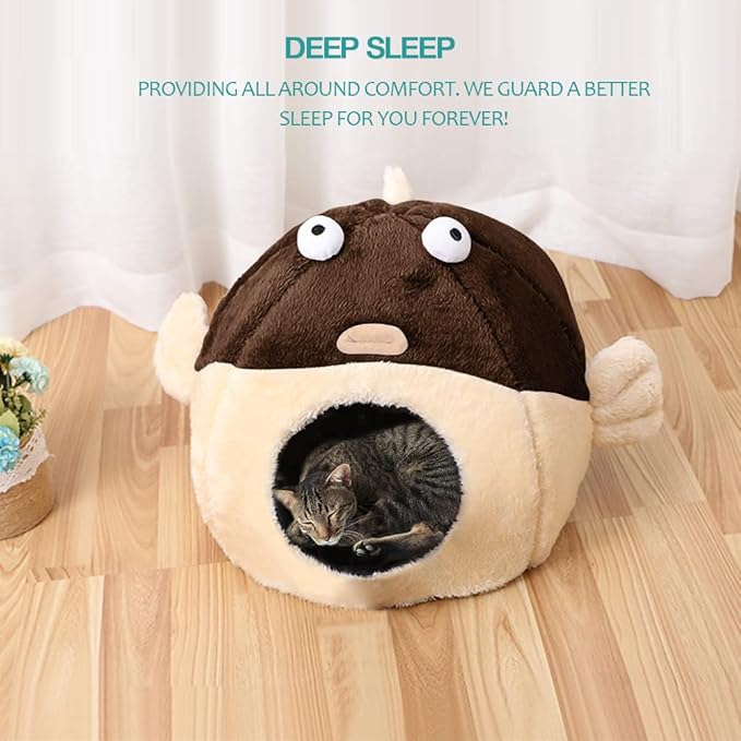 Cat Beds for Indoor Cats - Cat Bed Cave with Removable Washable Cushioned Pillow, Soft Plush Premium Cotton No Deformation Pet Bed, Lively Pufferfish Cat House Design, Brown, Multiple Sizes(S) - PAWPICO