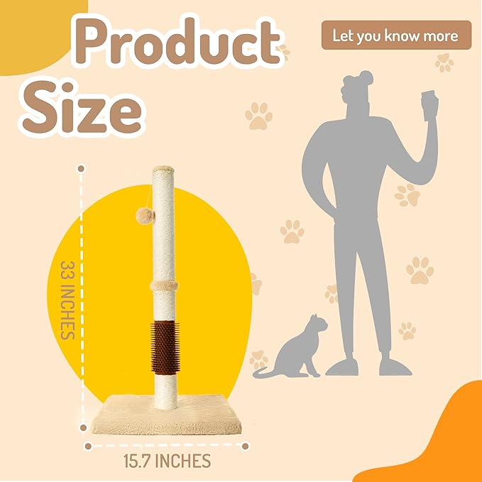 MeowHomm 32" Cat Scratching Post with Self Groomer Cat Brush, Sisal Rope Tall Cat Scratching Post with Soft Hanging Ball for Indoor Cats, Cat Claw Scratcher Covered with Soft Smooth Plush - PAWPICO