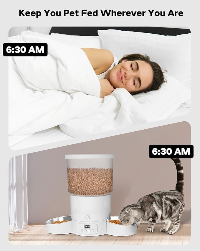SURDY Automatic Cat Feeder for 2 Cats, 3L Cat Food Dispenser Auto Cat Feeder with 2 Stainless Bowls, 10s Meal Call Dual Power Supply and Timer Setting 12 Portions 6 Meals Per Day for Cats (White, 5L) - PAWPICO