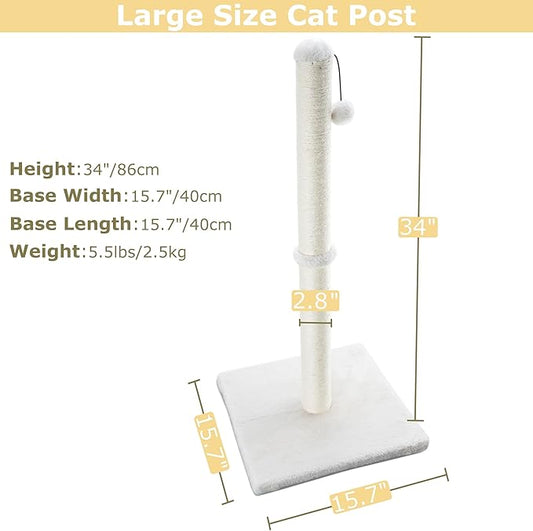 Dimaka 34" Tall Cat Scratching Post for Large Cats and Kittens, High Vertical Scratcher with Premium Natural Sisal Rope and Interactive Hanging Ball for Indoor Cats(Beige, 34 inches) - PAWPICO