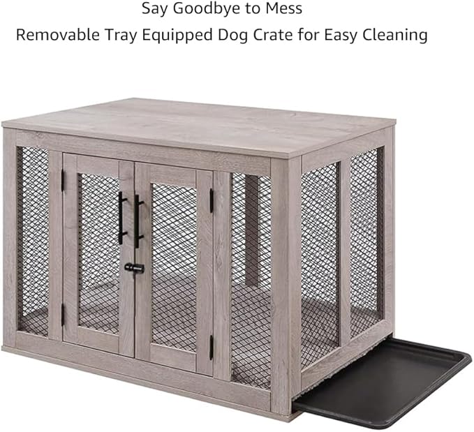 unipaws Dog Crate Furniture, Wooden Dog Kennel for Medium Breed, Indoor Decorative Wood Dog Cage, Inside Side End Table Crate with Removable Tray and Dog Bed, Dog Enclosure, for Dogs Up to 40 lbs - PAWPICO