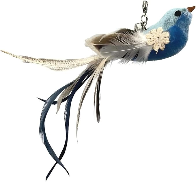 Deluxe Bird Replacement Heads for Cat Toys - Set of 5 - Realistic Feather Designs Including Blue Floral, Two-Tone, Traditional, Black & White, Green Hummingbird - Easy Clip-On - PAWPICO