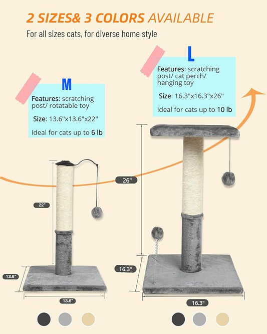 Happi N Pets 22" Cat Scratching Post, Natural Sisal Scratchers Trees for Indoor Cats, Featuring with Rotatable Hanging Balls & Stable Base, Cat Scratch Posts for Kittens-Light Gray - PAWPICO