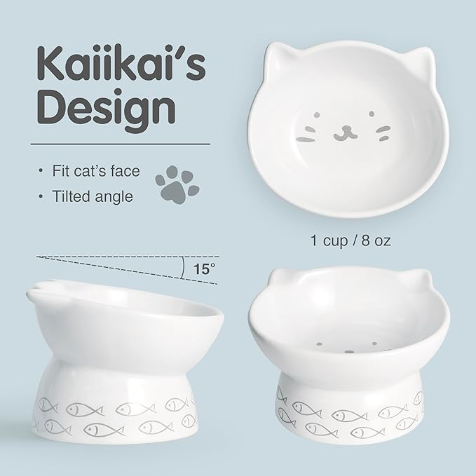 Kaiikai’s Elevated Cat Bowls and Dog Food Bowls 15 oz Ceramic Water Dog Bowls Medium and Small Sized Dog 6 Inch Tilted Cat Water Bowl Raised Cat Food Bowls Dog and Cat Supplies Small Cat Face Bowl - PAWPICO