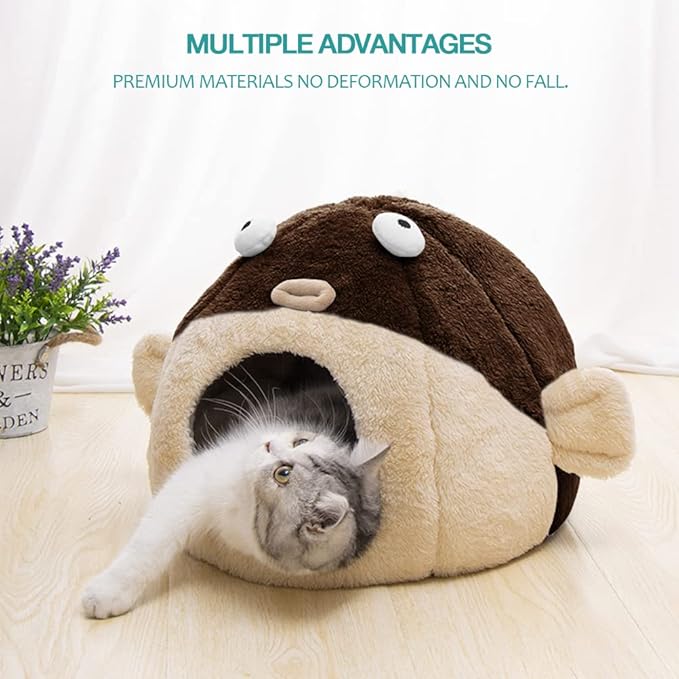 Cat Beds for Indoor Cats - Cat Bed Cave with Removable Washable Cushioned Pillow, Soft Plush Premium Cotton No Deformation Pet Bed, Lively Pufferfish Cat House Design, Brown, Multiple Sizes(S) - PAWPICO