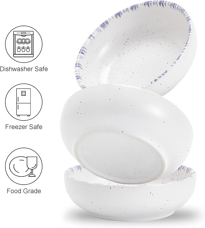 Howise Ceramic Cat Bowls, 5.19 in Cat Food Bowl Cat Dishes for Food and Water, 3 Pack Shallow Pet Bowls for Indoor Cats, White with Violet Blue - PAWPICO