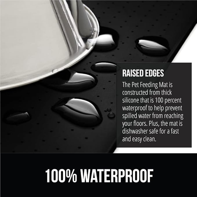 Gorilla Grip 100% Waterproof Raised Edge BPA Free Silicone Pet Feeding Mat, Dog Cat Food Mats Contain Spills Protects Floors, Placemats for Cats and Dogs Water Bowl, Pets Accessories 18.5x11.5 Black - PAWPICO