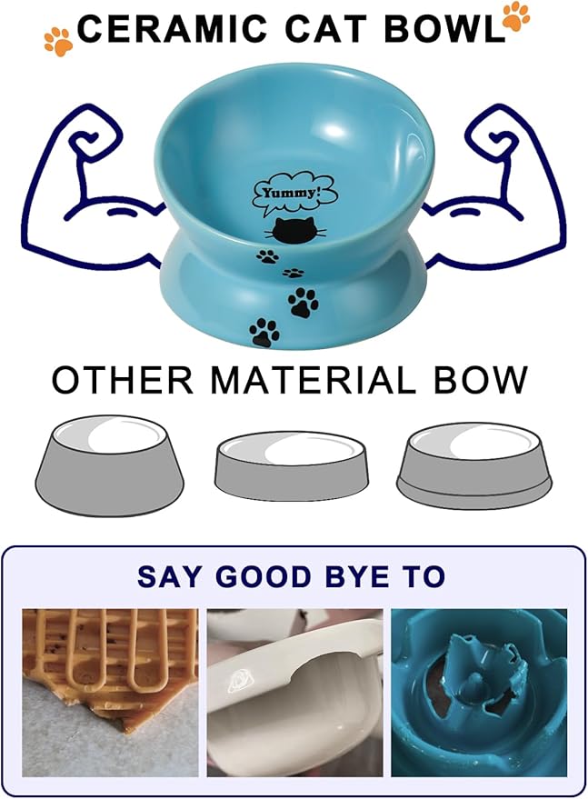 Y YHY Elevated Cat Food Bowl, Ceramic Raised Cat Bowl, Tilt Angle Protect Cat's Spine, Anti Vomiting Cat Dish, Backflow Prevention, Lake Blue - PAWPICO