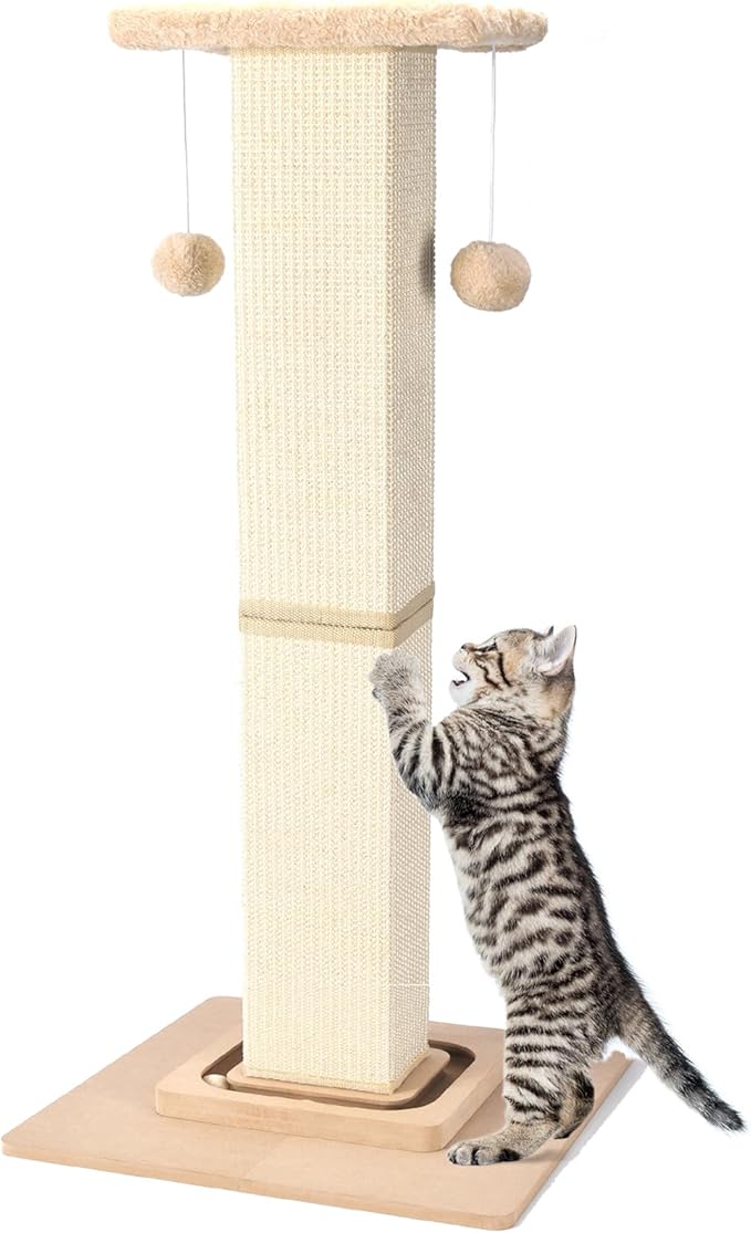 Cat Scratching Post,33 Inches Heavy Duty and Thicker Cat Scratching Posts for Indoor Cats Adults,Tall Cat Scratching Post with Interactive Toys and Hanging Ball, Protect Your Furniture, Beige - PAWPICO