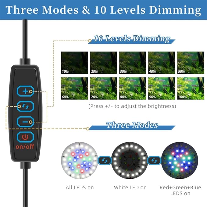 Mini Clip On Aquarium Light 7W Dimmable Small Fish Tank Light USB Moving Lamp with White Red Blue Green LED for 1 to 3 Gallon Tanks DaToo