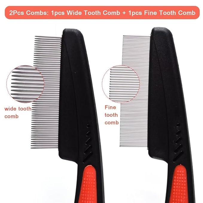 2 Pieces Fine Tooth and Wide Tooth Dog Grooming Comb - Rubber Handle Hair Comb for Small Dogs & Cats with Flea and Tick Removal (2PCS, Black Red) iluadme