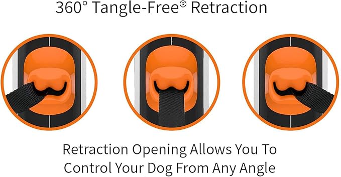 TUG 360° Tangle-Free Retractable Dog Leash with Anti-Slip Handle | 16 ft Strong Nylon Tape | One-Handed Brake, Pause, Lock (Medium, White/Orange) TUG