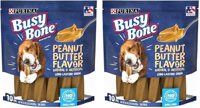 Purina Busy Bone Made in USA Facilities, Long Lasting Small/Medium Breed Adult Dog Chews, Peanut Butter Flavor - 10 ct. Pouch (Pack of 2) - PAWPICO