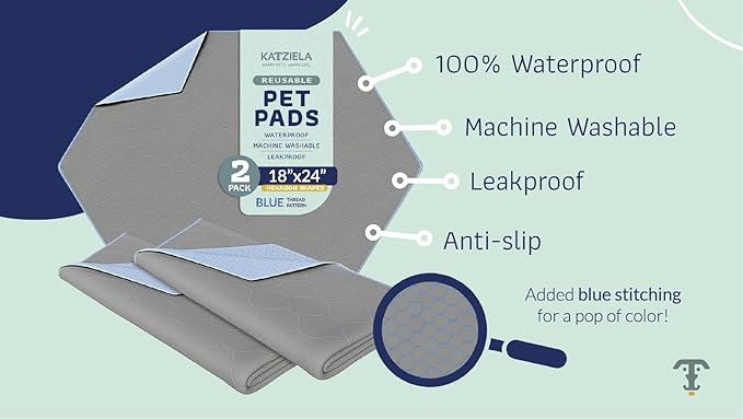 Katziela Washable Pet Pads - (2 Pack 18In x 24In Hexagon) Super Absorbent Waterproof Reusable Dog Pee Pads for Dogs, Washable Puppy Pads for Potty Training, Housebreaking Washable Pee Pads for Dogs - PAWPICO