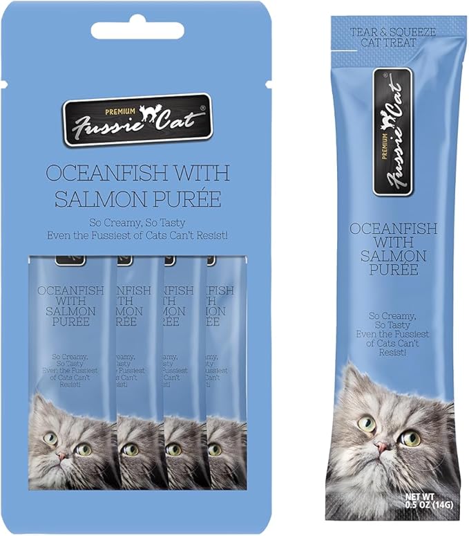 Fussie Cat Ocean Fish and Salmon Puree, lickable cat Treats, 0.5oz Pouch Pack of 4 - PAWPICO