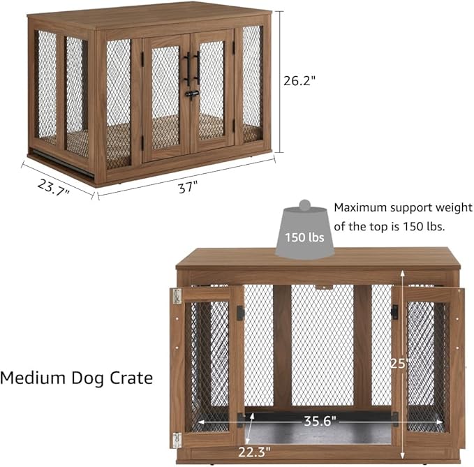 unipaws Furniture Dog Crate with Tray for Medium Dogs, Indoor Aesthetic Puppy Kennel Pet House Dog Cage with Door, Modern Decorative Wood Pretty Cute Fancy End Side Table Nightstand, Walmut - PAWPICO