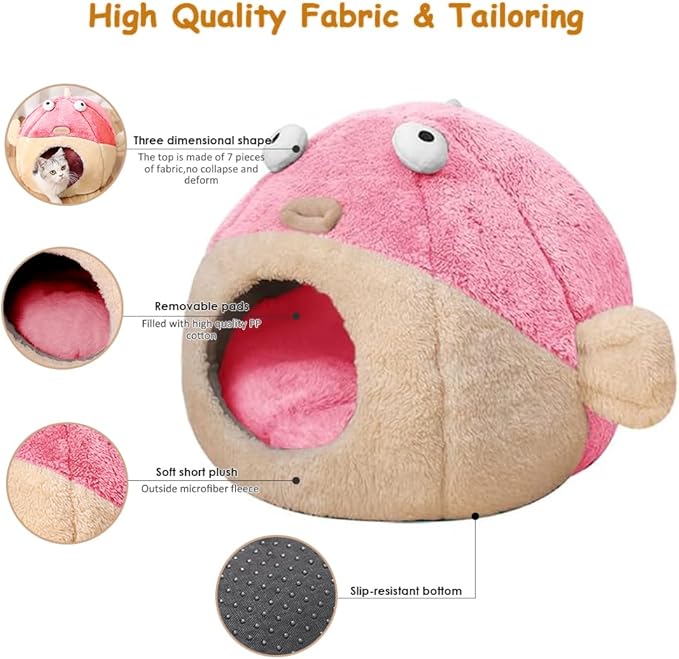 Cat Beds for Indoor Cats - Cat Bed Cave with Removable Washable Cushioned Pillow, Soft Plush Premium Cotton No Deformation Pet Bed, Lively Pufferfish Cat House Design, Pink, Multiple Sizes(M) - PAWPICO