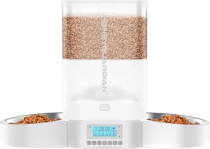 HoneyGuaridan Automatic Cat Feeder for Two Cats,3.5L Cat Food Dispenser with Stainless Steel Bowl,Timed Cat Feeder Programmable 1-6 Meals Control, Dual Power Supply,Desiccant Bag,10s Meal Call Whit - PAWPICO