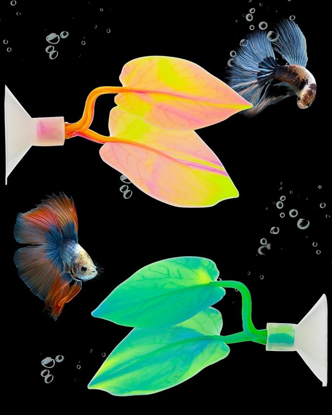 Uniclife Betta Leaf Hammock Aquarium Rest Bed Fish Breeding Playing Pad with Suction Cup Soft Lifelike Leaf Ornament Colorful Silicone Leaf Decoration for Fish Tank Landscape (Green & Orange), 2 Pack UnicLife