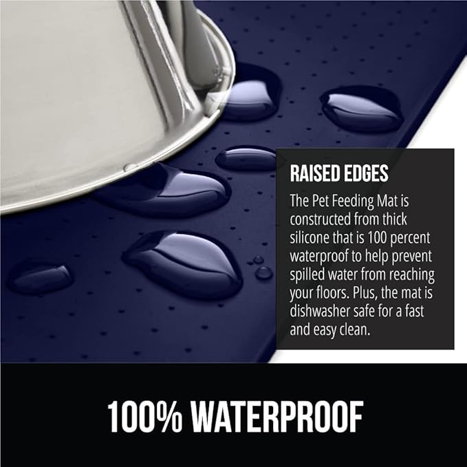 Gorilla Grip 100% Waterproof Raised Edge BPA Free Silicone Pet Feeding Mat, Dog Cat Food Mats Contain Spills Protects Floors, Placemats for Cats and Dogs Water Bowl, Pets Accessories 32x24 Navy - PAWPICO