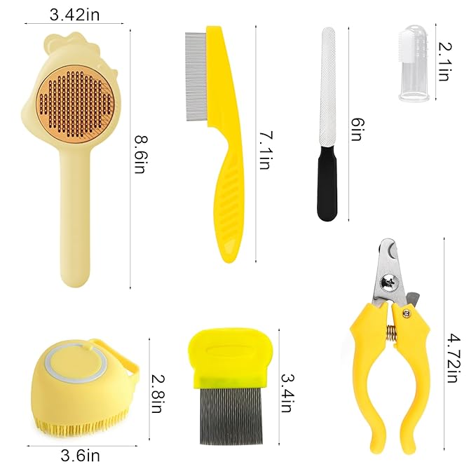 VCZONE 8 Pcs Cat Brush Grooming Kits, Pet Self Cleaning Kit with Pet Nail Clipper and File, Flea Comb, Pet Shampoo Bath Brush, Pet Shedding Brush, Silicone Toothbrush (Yellow) - PAWPICO