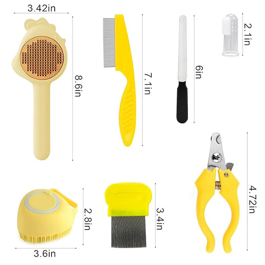 VCZONE 8 Pcs Cat Brush Grooming Kits, Pet Self Cleaning Kit with Pet Nail Clipper and File, Flea Comb, Pet Shampoo Bath Brush, Pet Shedding Brush, Silicone Toothbrush (Yellow) - PAWPICO