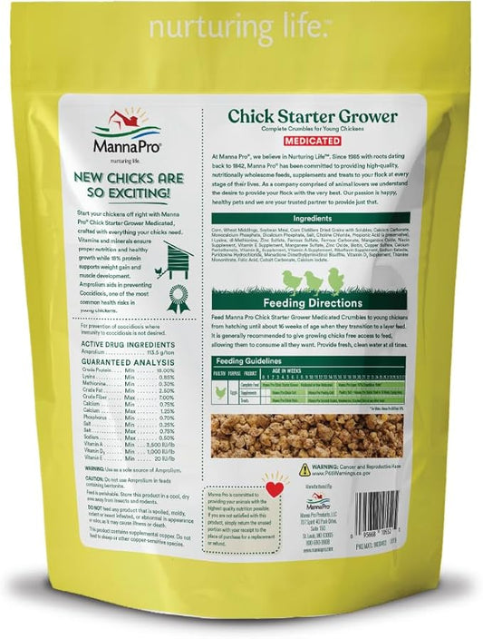 Manna Pro Chick Starter Grower - Medicated Chick Feed Crumble for Young Chickens - Formulated with Amprolium - 5 lbs MannaPro
