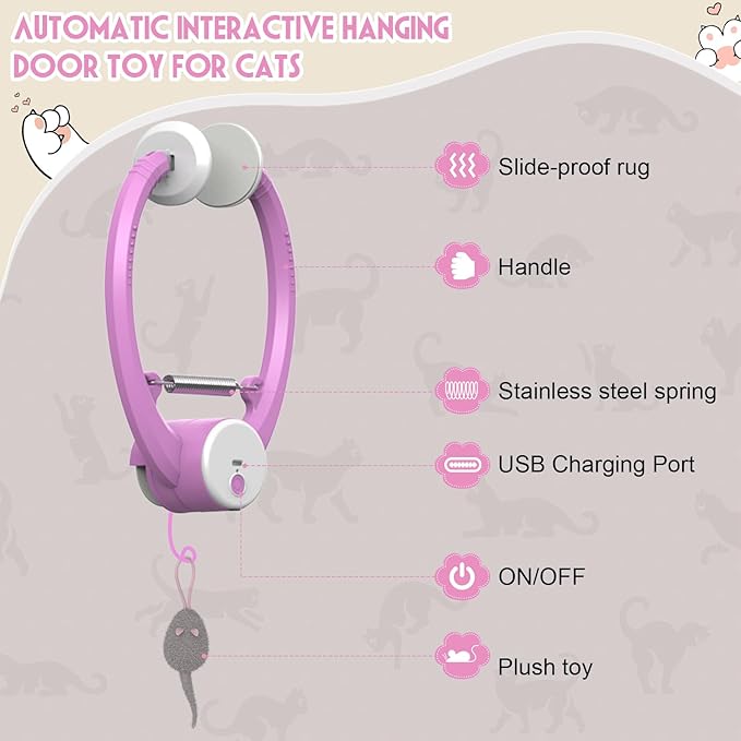 Cat Toy Interactive for Indoor Cats, Smart USB Rechargeable Door Hanging Automatic Retractable Kitten Toys, Teaser Electronic Self Play Feather Cat String Toys Attached with 3 Catnip Mice Pink - PAWPICO