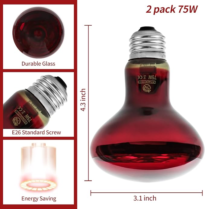 Reptile Heat Lamp Bulbs, Infrared 75W Reptiles & Amphibians Basking Spot Lamp Bulb-2 PCS, Red Heat Emitter Light for Chickens Coop REPTIHOME