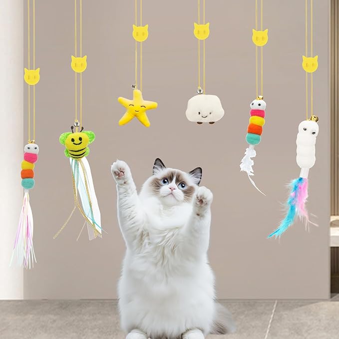 6 PCS Interactive Cat Feather Toys, Indoor Hanging Retractable Cat Toy, Self Play Toys Make Fun Excecise - PAWPICO