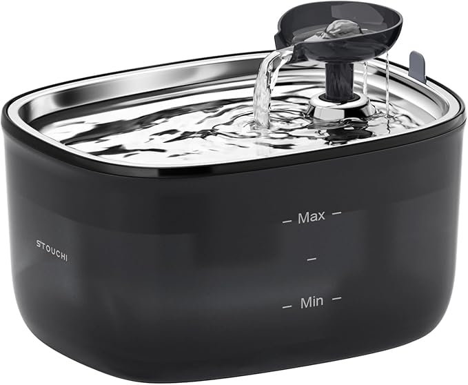 Stouchi Cat Water Fountain 85oz/2.5L, Stainless Steel Pet Water Fountain for Cats Dogs Inside with Led Light, Ultra-Quiet Cat Water Dispenser Bowl, Cat Waterer Fountain for Multiple Pets, Black - PAWPICO
