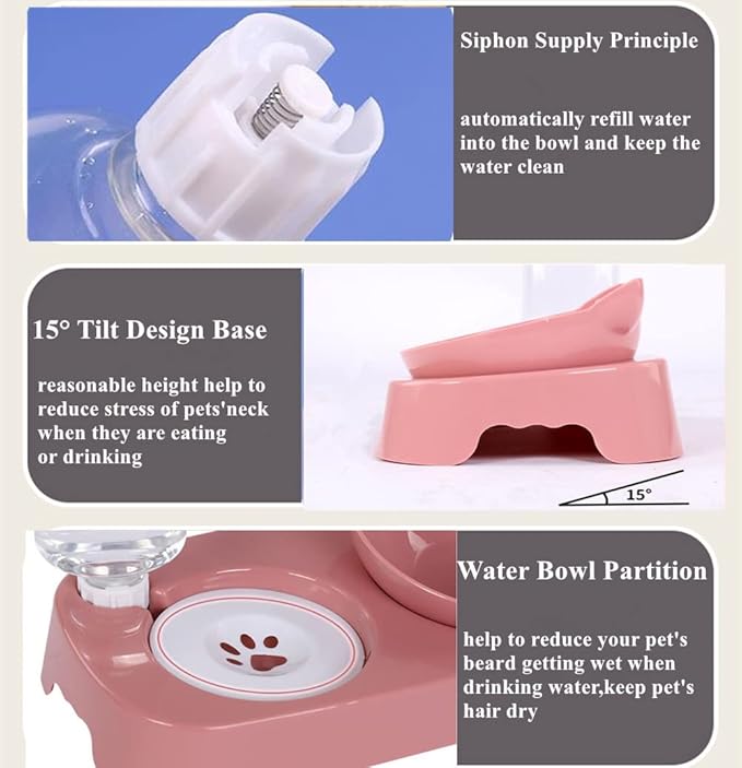 Pet Food Bowl and Water Bottle Set, Double Cat Dog Food Bowl with Automatic Gravity Water Dispenser Bottle, Detachable Tilted Raised Food Bowl for Small Medium Size Puppy Pet Dogs Cats (Pink) - PAWPICO