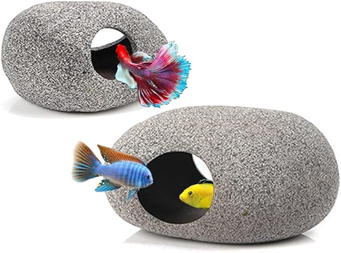 Ceramic Fish Tank Decorations, Betta Fish Tank Accessories Rock Caves, Stackable Aquarium Cichlid Cave, Betta Fish Hideout and House, Small Hiding Rock for Fish Bowl (2 PCS Oval Style A) MUNLITbrandpetsupplies