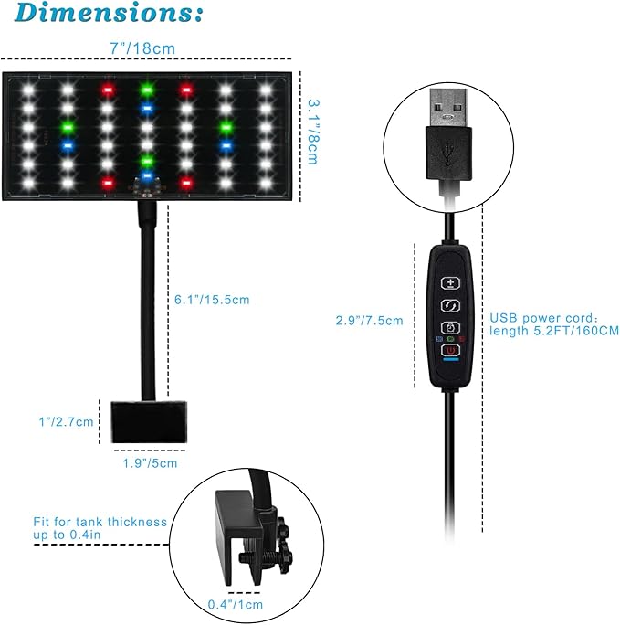 DOMICA Clip On Aquarium Light with Timer for 3 to 8 Gal Fish Tank (Dimmable Full Spectrum LED) USB Moving Lamp for Open Terrarium (Adapter NOT Included) DOMICA