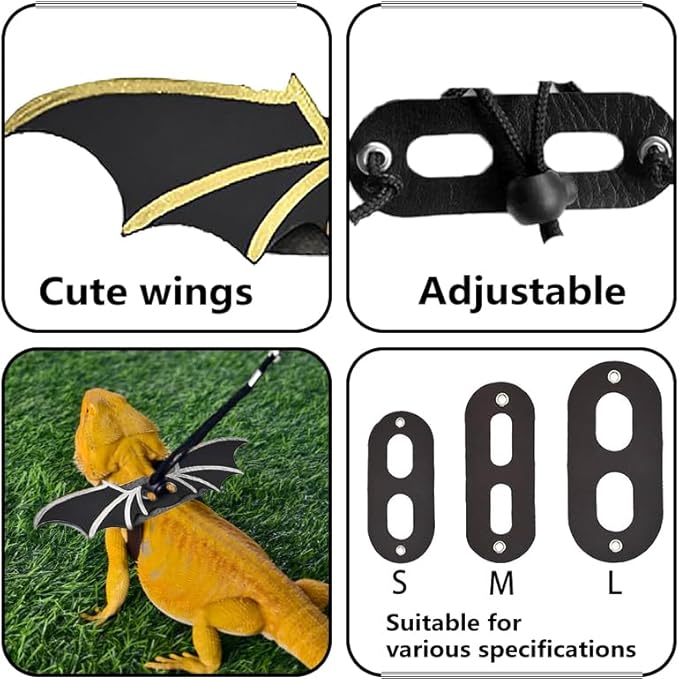 Bearded Dragon Leash - 3 Sizes Pack Reptile Outing Leather Wing Harness for Bearded Dragon Lizard Reptiles (Silvery) HOKABLE
