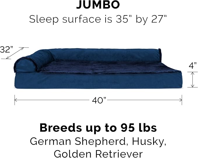 Furhaven Orthopedic Dog Bed for Large Dogs w/ Removable Bolsters & Washable Cover, For Dogs Up to 95 lbs - Plush & Velvet L Shaped Chaise - Deep Sapphire, Jumbo/XL - PAWPICO