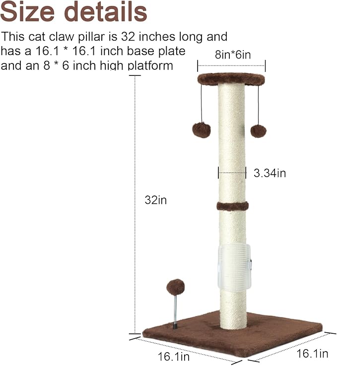 PEEKAB 32" Tall Cat Scratching Post Sisal Rope Scratch Posts with Hanging Ball and Self-Massage Brush Vertical Scratcher for Indoor Cats and Kittens(Brown 32inches) - PAWPICO