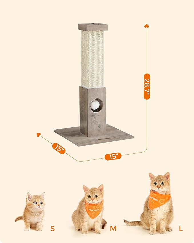 Feandrea Cat Scratching Post, Cat Scratcher for Indoor Cats, 28.7 Inches Tall, Furniture Scratching Deterrent Sisal Scratch Pole with Toy, Greige UPCA021G01 - PAWPICO