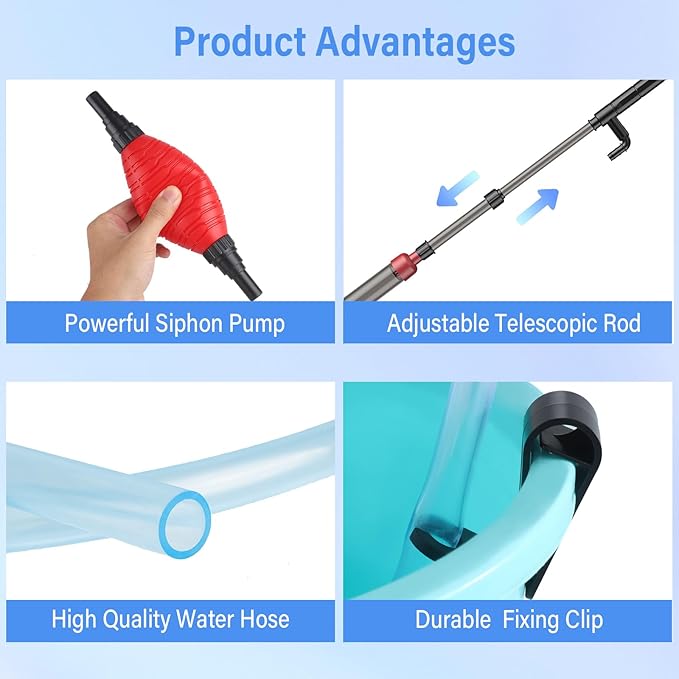 Aquarium Siphon Vacuum Cleaner: 4 in 1 Manual Fish Tank Vacuum Cleaning Tools for Water Change, Sand Cleaning and Remove Dirt, Fish Tank Cleaner Vacuum with Adjustable Length Suness