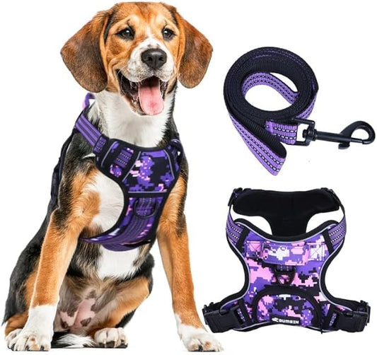 No Pull Dog Harness for Large Dogs, Adjustable No Choke Pet Vest with Dog Leash Fit Smart Reflective Pet Walking Harness for Training Easy Control Soft Handle Purple Camo L BUMBIN