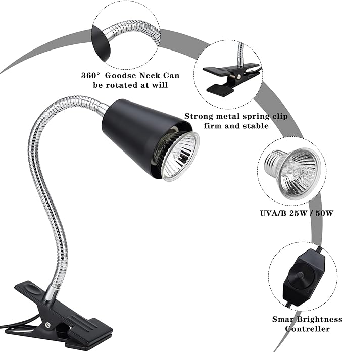 Reptile Heat Lamp,UVA/UVB Reptile Light,360° Rotatable Clip,Turtle Heating Lamp with Clamp,Reptile Basking Light for Reptiles Bearded Dragon Turtle Snake, E27 110V ZJNBMTFY