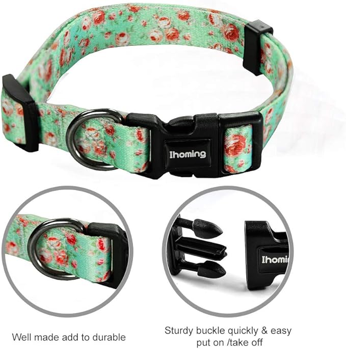 Ihoming Dog Collar and Leash Set for Daily Outdoor Walking Running Training, Floral GreenLake Design for Large Boys Girls Dogs Cats Pets, L-Up to 80LBS Ihoming