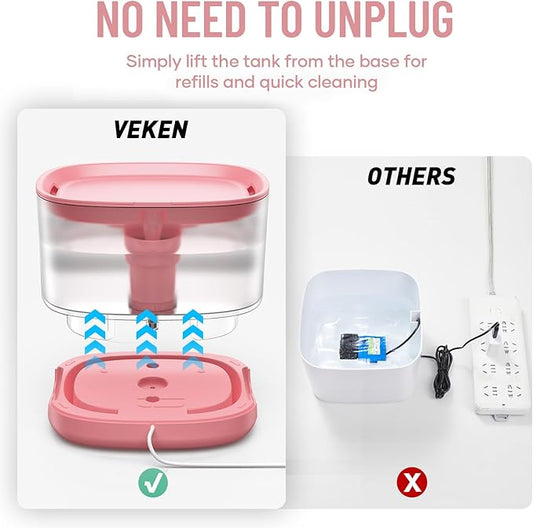 Veken Cat Water Fountain, 84oz/2.5L Automatic Pet Water Fountain Dog Water Dispenser with a Detachable Water Tank, Easy Cleaning for Cats, Dogs (Pink) - PAWPICO