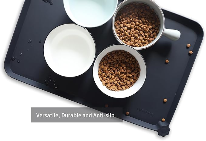 Hoki Found L Silicone Pet Food Mats Tray - Non Slip Pet Dog Cat Bowl Mats Placemat -Pet Water Mats for Carpet- Dog Pet Cat Feeding Mat - Waterproof Dog Cat Food Mats -Black - PAWPICO